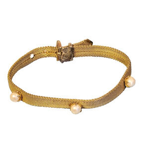 Vintage Buckle Bracelet 1960s- 7" Gold-tone Mesh & Faux Pearl Modernist gbr-57